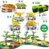Circuit voiture dinosaure de 196 pièces avec voitures et dinosaures sur fond blanc.