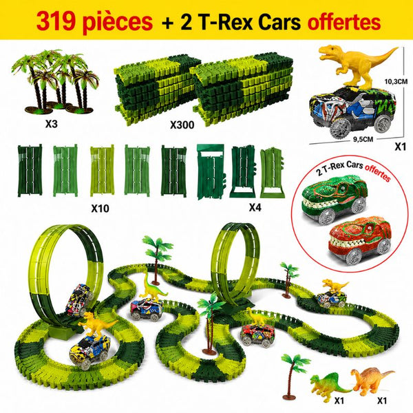 Circuit voiture dinosaure enfant 319 pièces avec 2 voitures T-Rex offertes
