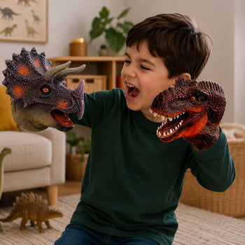 Enfant jouant avec deux marionnettes à main dinosaures tricératops et tyrannosaure - EducaKid